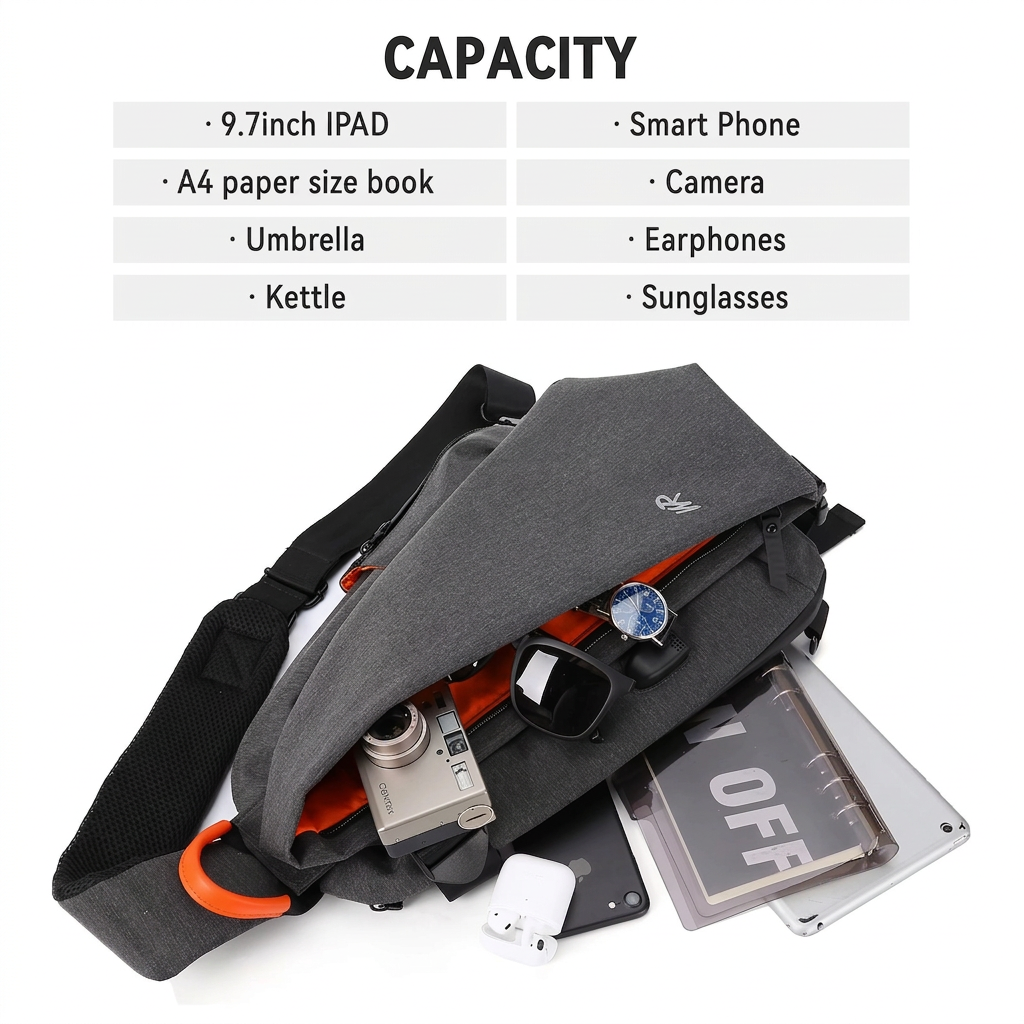 Large Multi-Pocket Sling Bag Waterproof Crossbody Backpack for Hiking, Cycling & Travel